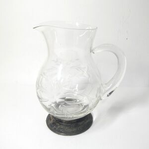Etched Glass Pitcher w/Sterling Silver Base Vintage 7" Tall